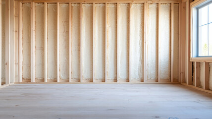 Interior of a house under construction, featuring wooden frame studs, insulation, and an unfinished floor, highlighting the building process