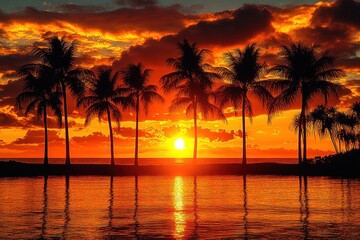 Vibrant sunset over a tropical beach with silhouetted palm trees and calm reflective water creating a warm, peaceful atmosphere