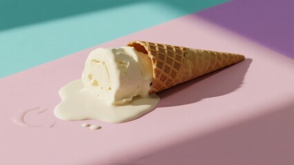 Melting Ice Cream Cone on a Pastel Background