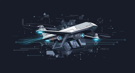 Futuristic high tech aircraft with glowing blue engines and advanced propulsion.