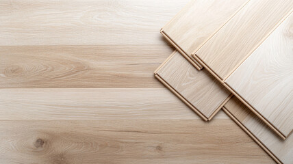 Top view minimalist photo of laminate flooring planks lying on a finished floor, showing installation progress in a simple and elegant style