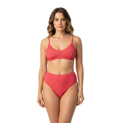 Fototapeta premium Coral Red High-Waisted Bikini Set Isolated on a Transparent Background, Perfect for Summer Fashion Designs
