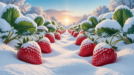 Strawberry farm in snow with winter frost, cold nature landscape, and sunrise fruit.