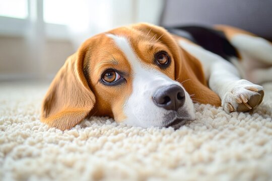 close-up of a brown and white beagle dog lying on a soft cream carpet looking calmly with expressive eyes