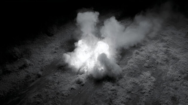 Capturing an aerial view of an explosion generating smoke and fire in a remote field, showcasing a striking monochrome palette