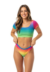 Fototapeta premium A beautiful smiling young woman with long wavy hair confidently posing in a colorful rainbow gradient two-piece swimsuit, Isolated on a Transparent Background