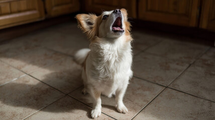 Small dog barking upwards while standing on a tiled kitchen floor, illuminated by bright overhead light