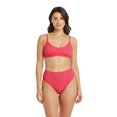 Fototapeta premium Fashionable woman wearing a pink bikini, isolated on a transparent background, showcasing summer swimwear style