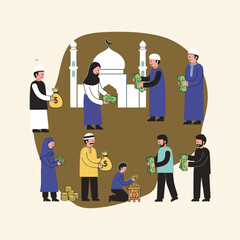 Muslim People Exchanging Money for Zakat or Charity.