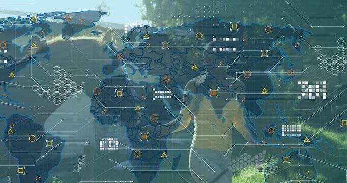 Animation of data processing and world map over caucasian woman with horse - Powered by Adobe