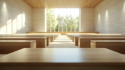 Modern Auditorium, Sunlight, Empty Seats, Daylight, Interior, Architectural Design, Calm Atmosphere, Focus, Perspective