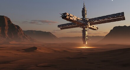 Obraz premium Futuristic space station glowing in wide desert landscape, mountains towering behind in breathtaking natural scenery