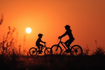 Fototapeta premium Happy mother and son riding bicycles together at sunset in an outdoor setting surrounded by nature