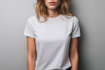 Fototapeta premium Model wearing plain white t shirt posing in front of a minimalistic gray background with ample copy space for design or branding