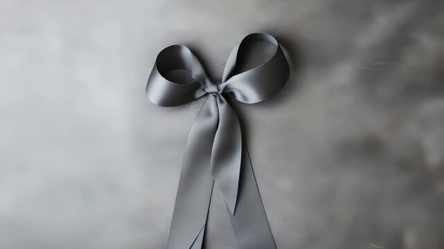 A silver ribbon tied into a bow against a gray textured background