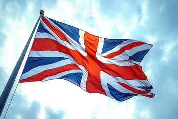 Obraz premium Union Jack flag waving dynamically against a bright cloudy sky, symbolizing patriotism and national pride