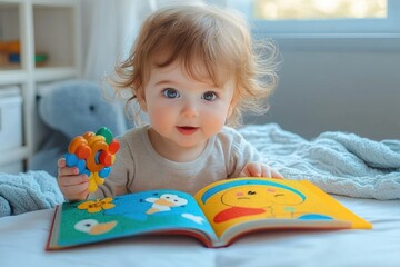 Fototapeta premium curious baby sitting on bed holding colorful toy and looking at a brightly illustrated children's book with animal characters in a cozy, naturally lit room