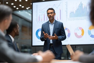 Business professional delivers a presentation in a modern South Asian office meeting with data visualizations on display