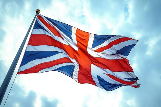 Union Jack flag waving dynamically against a bright cloudy sky, symbolizing patriotism and national pride