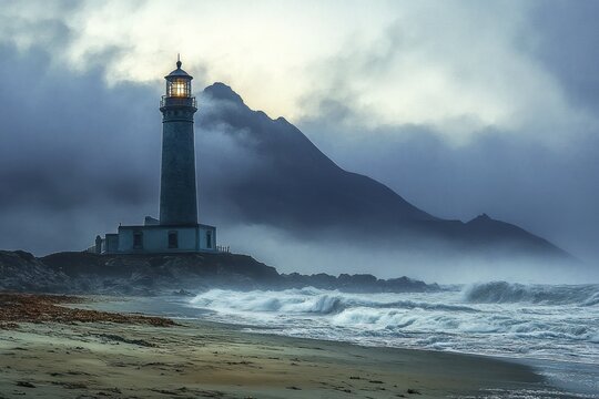 A tall lighthouse glowing warmly on a rocky shore under a cloudy sky with misty mountains and rough ocean waves, evoking a sense of solitude and calm - Powered by Adobe