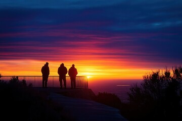 Fototapeta premium Three silhouetted people standing on a viewpoint watching a vibrant sunset with colorful sky over landscape
