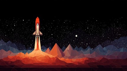 Pixelated Rocket Launch Into Space