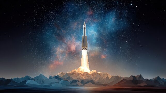 Pixel Art Rocket Launch Into Night Sky Landscape