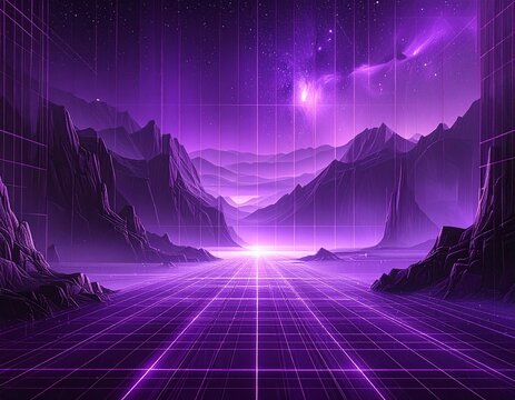 Generated image Retro-Futuristic Purple Landscape with Grid Terrain, Jagged Mountains, and Galactic Sky
