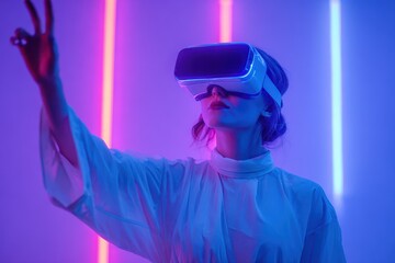 Woman wearing VR headset explores virtual reality in a colorful modern space with neon lights at night