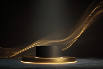 Elegant black podium with golden accents and flowing light background set for an award ceremony or presentation event
