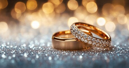 Two elegant gold rings placed on a sparkling surface with one ring encrusted with small diamonds, shimmering golden bokeh background creating a romantic and luxurious atmosphere