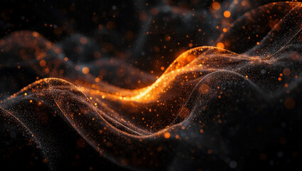 Futuristic orange light streaks and sparkling dust in a dark space - abstract background