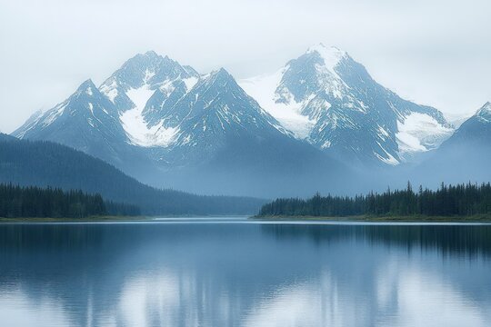 Calm lake reflecting snow-capped mountains under overcast sky with dense forest along the shore conveying serene and peaceful atmosphere