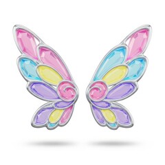Stained glass fairy wings outlined with silver, featuring pastel colored gems, isolated on a white background