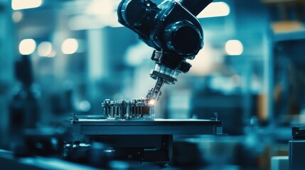 Industrial Robot Arm at Work in Modern Manufacturing Environment