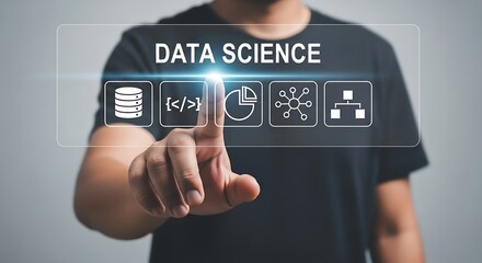 Person touching digital data science interface technology