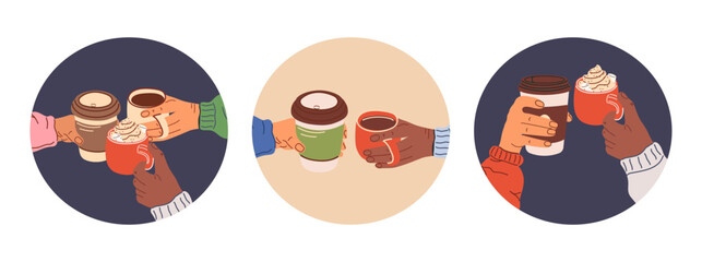 Vector illustration with hands holding coffee mugs and paper cups. The atmosphere of joint relaxation, pleasant communication, warm meetings. For coffee shops,social media, autumn and winter designs