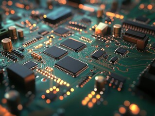 Obraz premium Close-up View of Electronic Circuit Board with Microchips and Components