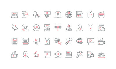 Mass media and journalism, social media and video platform, world news line icon set. Television and radio broadcasting, satellite TV, interview thin black and red outline symbols vector illustration