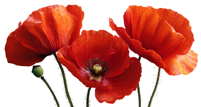  a few red poppy flowers, white background, png transparent material 