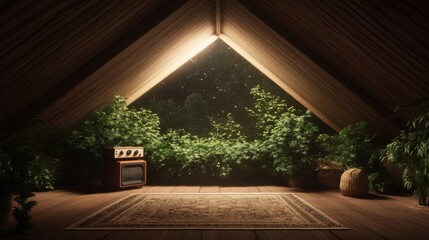 Cozy attic sanctuary with vintage radio and lush greenery under starry night sky