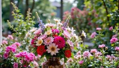 Bright Floral Bouquet Rustic Vase Garden Setting