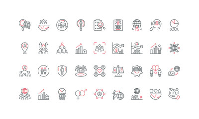 Population, citizens census and world community, migration, demographic research line icon set. Diversity, density and overpopulation, gender thin black and red outline symbols vector illustration