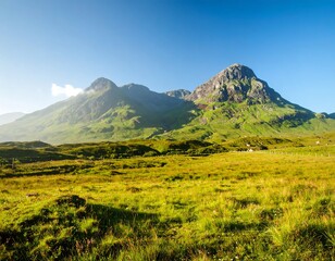 Lush green mountains and meadow under a clear blue sky