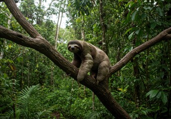 Sloth clings to a tree branch in the dense jungle, peering down with a gentle, inquisitive gaze