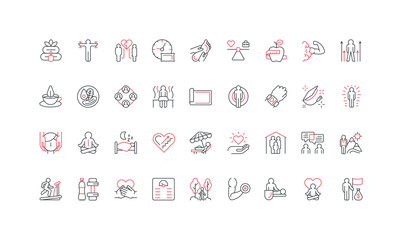 Collection of wellness, health, fitness, meditation, nutrition, and self-care line icons perfect for websites, apps, infographics, and wellness branding isolated vector illustration