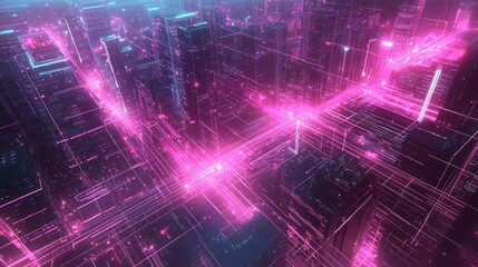 Futuristic cityscape with glowing neon pink and cyan grid lines outlining tall skyscrapers and streets, creating a vibrant digital network atmosphere