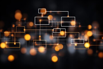 Abstract flowchart displaying interconnected boxes with glowing backgrounds and vibrant bokeh effects in a visually striking layout