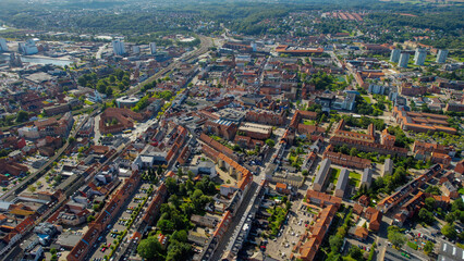 Aerial panorama of the downtown of the city Vejle in Denmark on a sunny summer day.