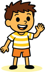 Friendly cartoon boy with a big smile and waving hand, depicting happiness, greeting, welcome, and childhood innocence, isolated on white.